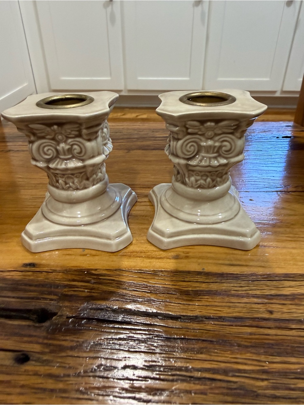 Ornate Ivory Ceramic Candlestick Holders – Pair